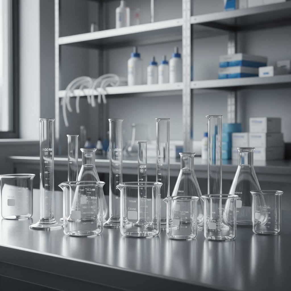 A collection of glass laboratory vessels, including beakers and flasks, placed on a table in a lab setting, with a shelf a...